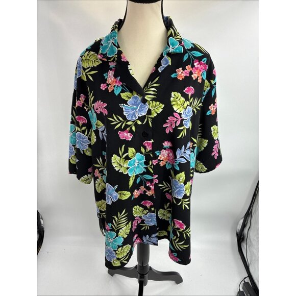 BonWorth Floral Button Front Blouse Womens XL Hawaiian Tropical Short Sleeve Top - Picture 1 of 6